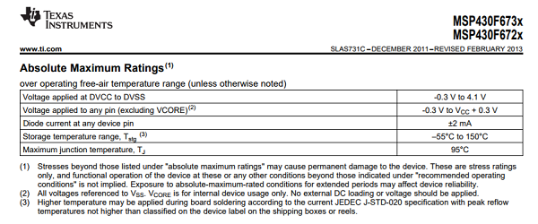 MSP430 Datasheet Absolute Maximum